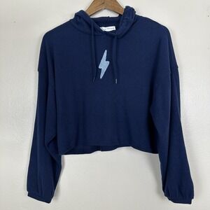 Wild Skye Women Medium Blue Hooded Top Lightening Bolt Soft‎ Stretch Sweater NEW